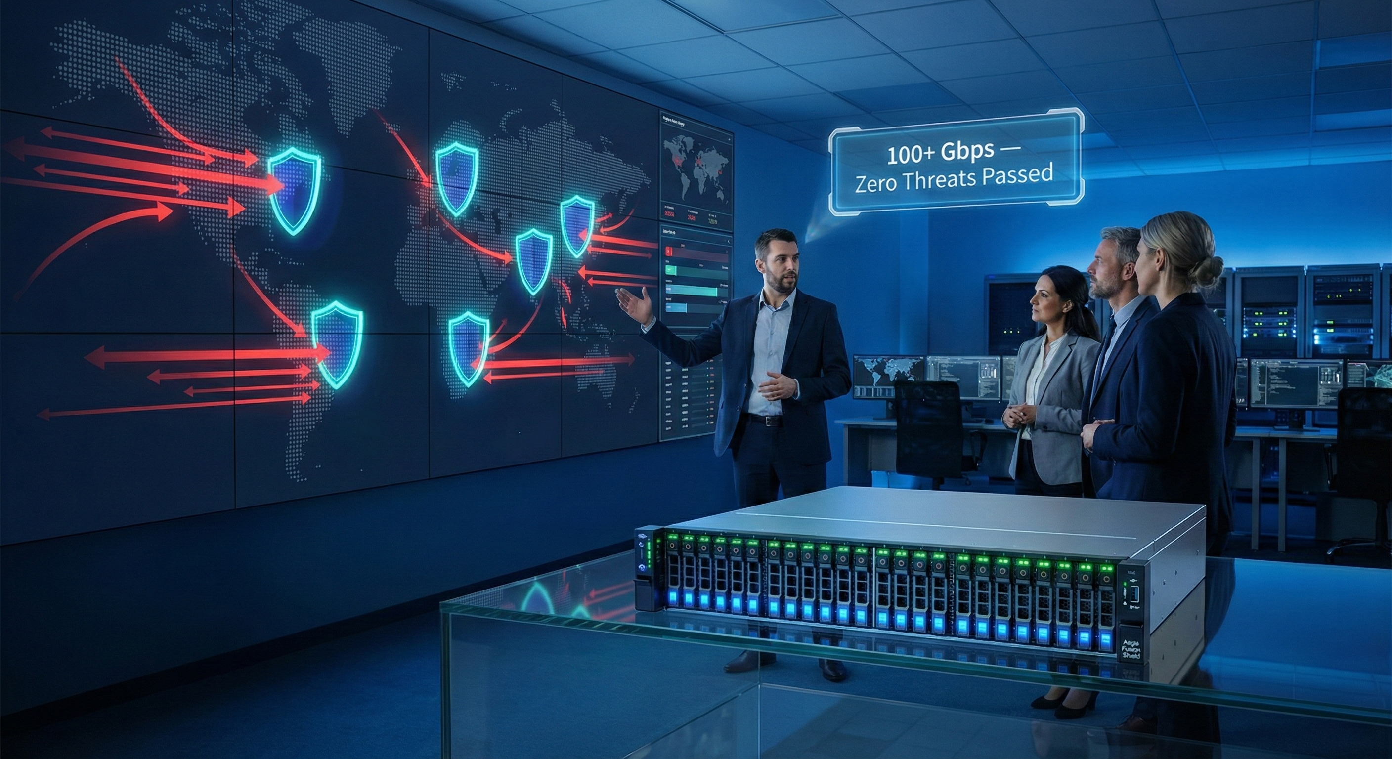 Aegis Fusion Shield — NOC team monitoring global threat defense at 100+ Gbps