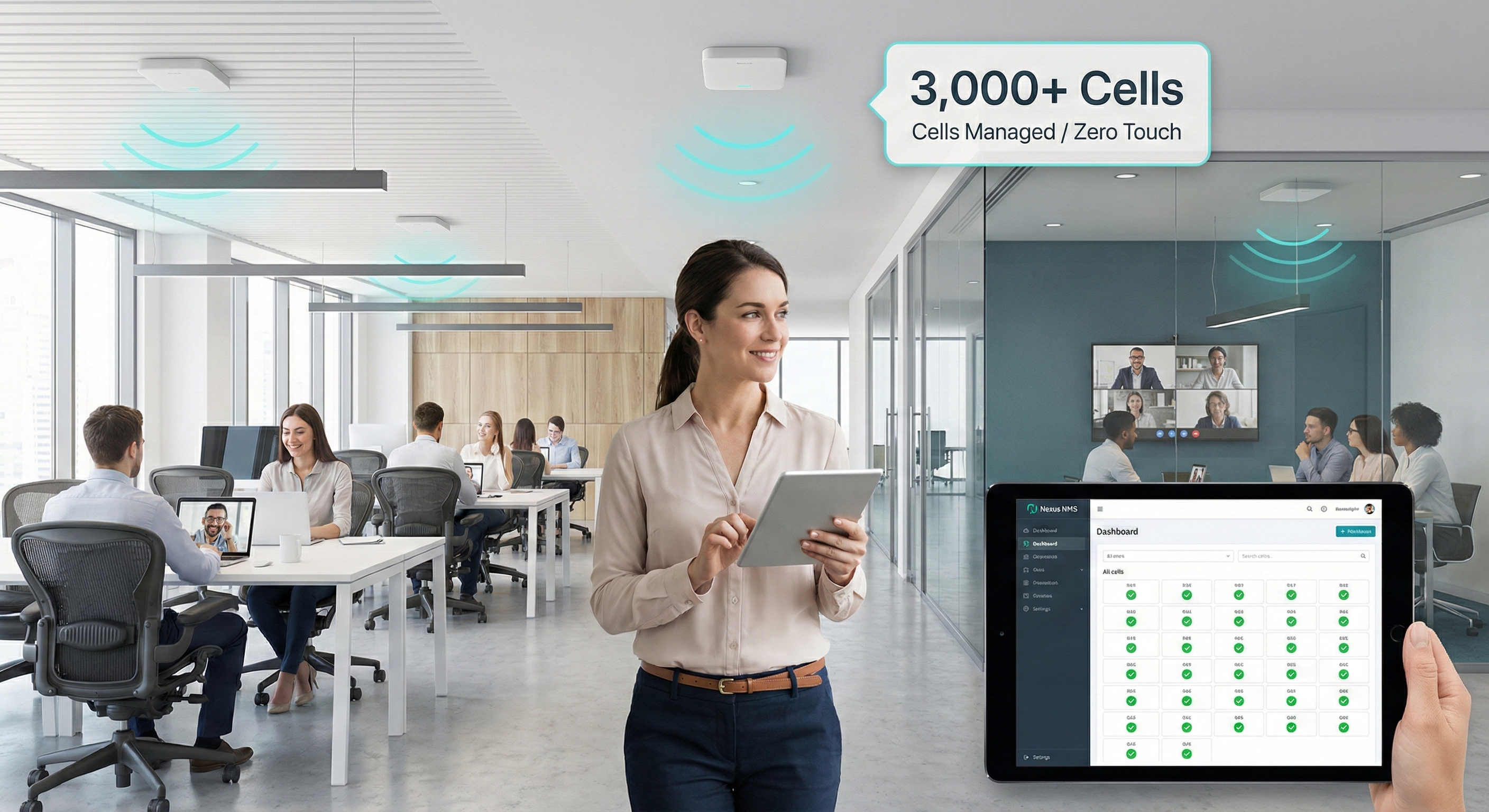 NanoNet — Modern office with 3,000+ ceiling cells managed via zero-touch provisioning