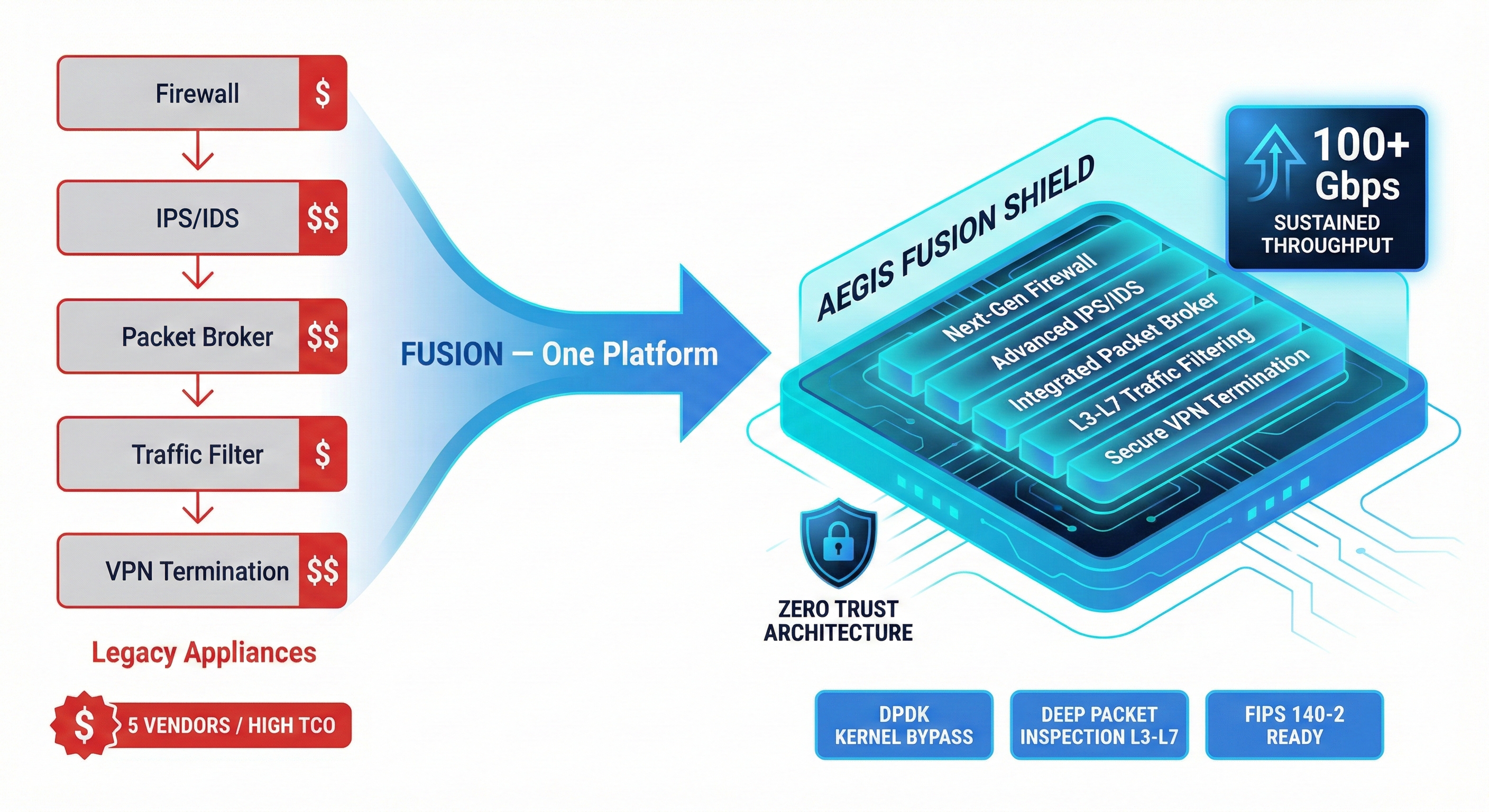 Aegis Fusion Shield — FUSION One Platform replacing 5 legacy appliances at 100+ Gbps